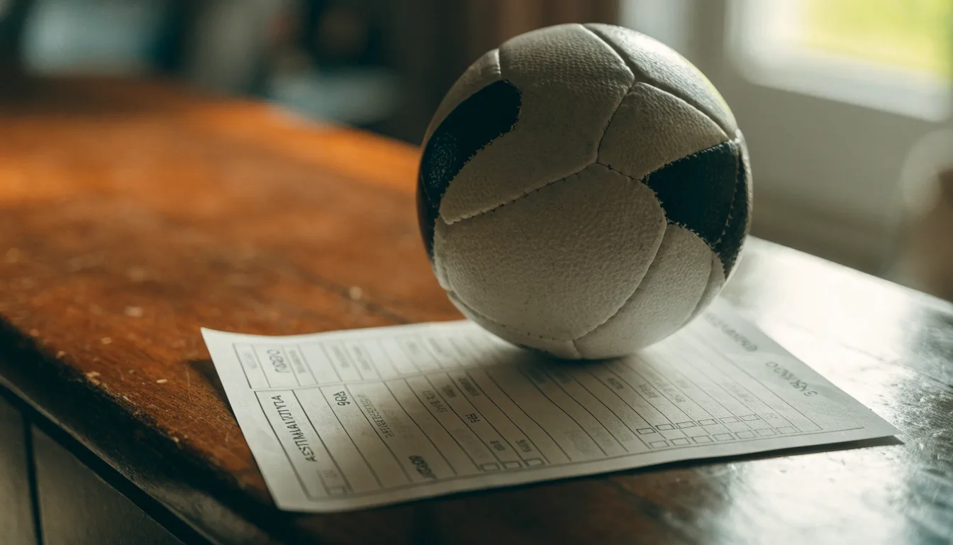 Uma bola de futebol pousada sobre um talão de apostas em branco numa mesa de madeira, à luz do dia