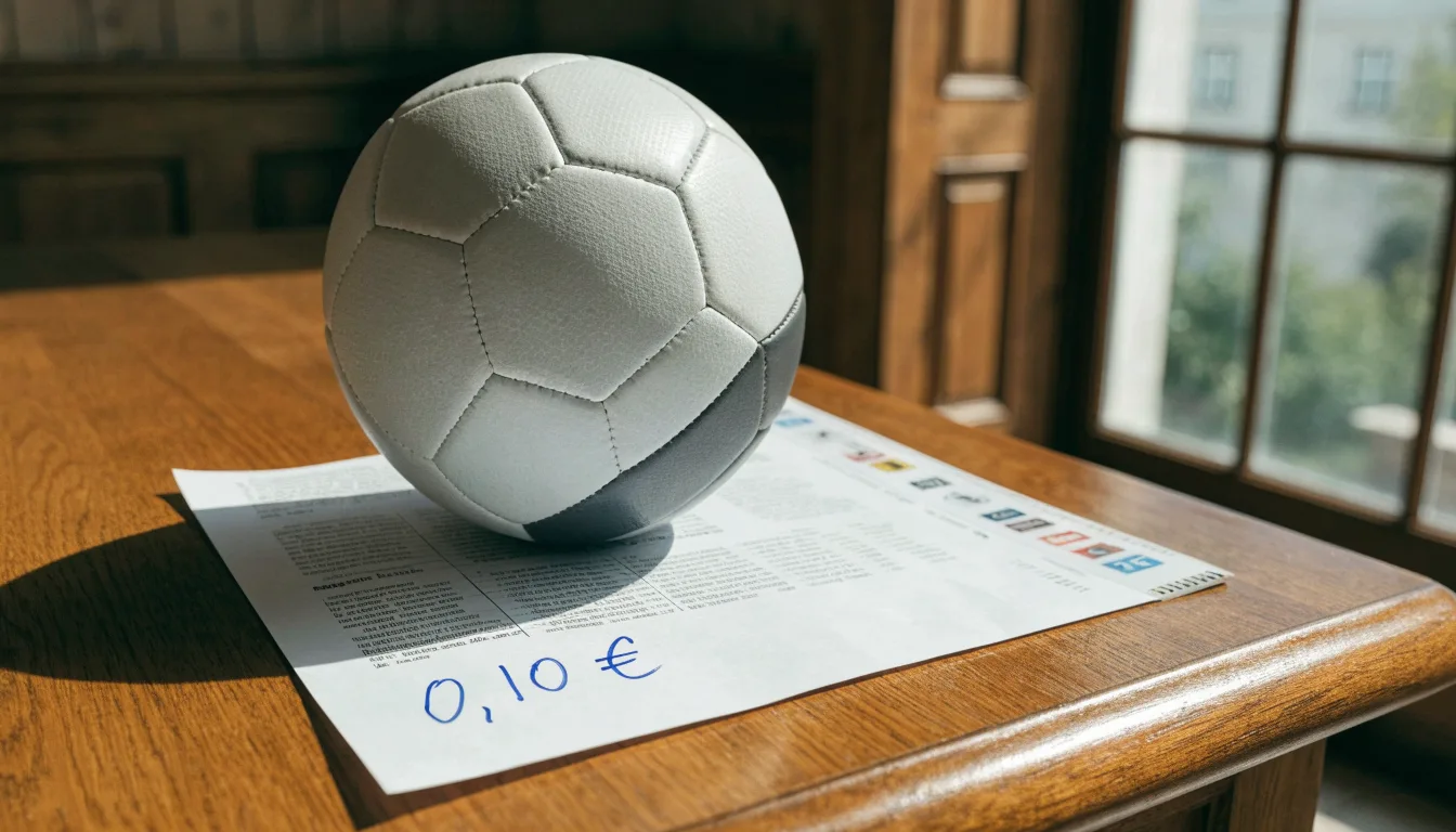 Uma bola de futebol pousada sobre um talão de apostas em branco numa mesa de madeira, à luz do dia