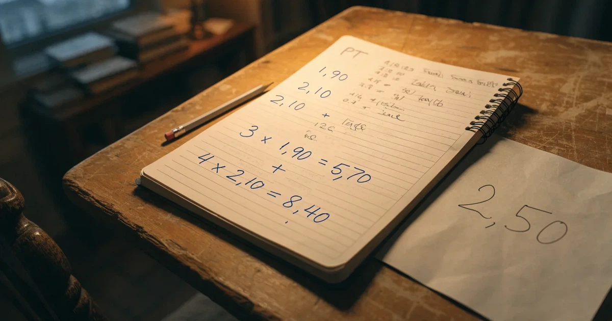 Um caderno aberto com cotas escritas à mão, uma calculadora e um lápis sobre uma mesa de madeira