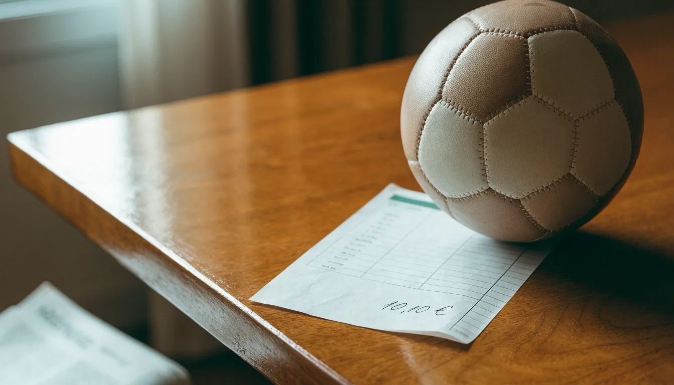 Uma bola de futebol pousada sobre um talão de apostas em branco numa mesa de madeira, à luz do dia