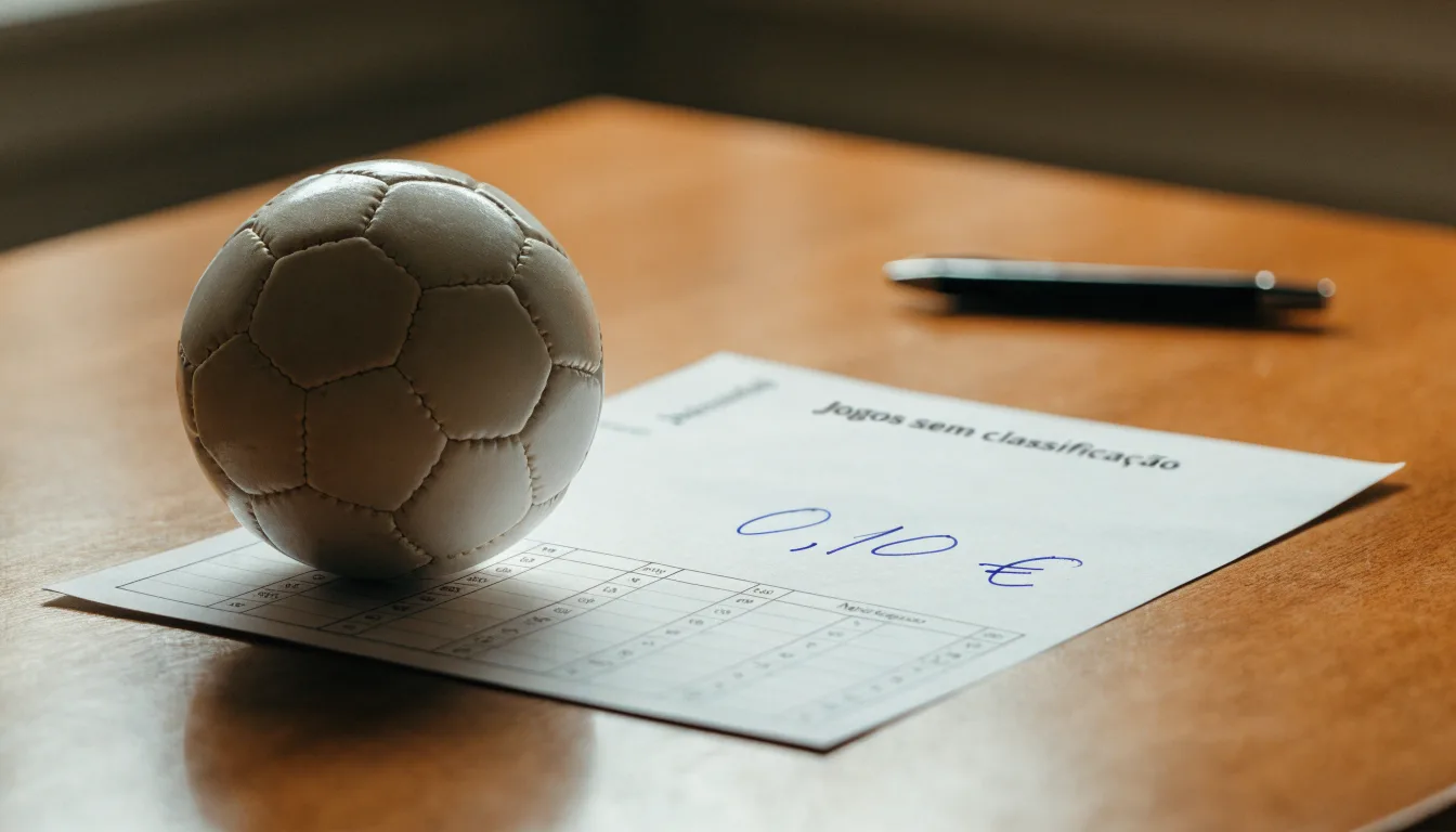 Uma bola de futebol pousada sobre um talão de apostas em branco numa mesa de madeira, à luz do dia