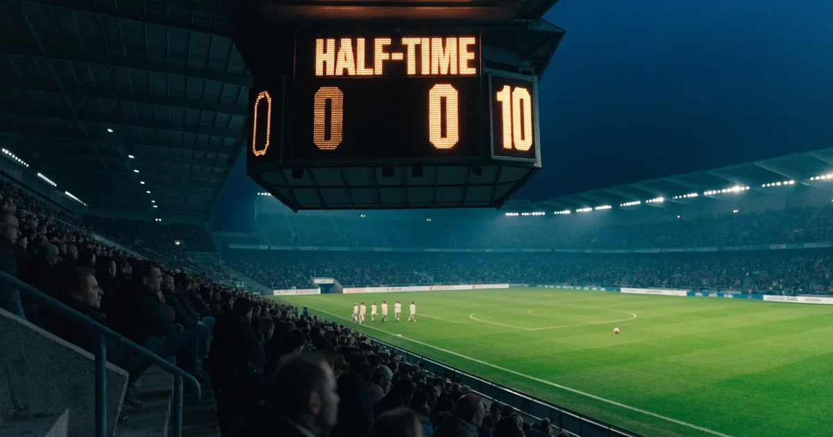 Um marcador eletrónico de um estádio com o resultado a meio da segunda parte, visto das bancadas