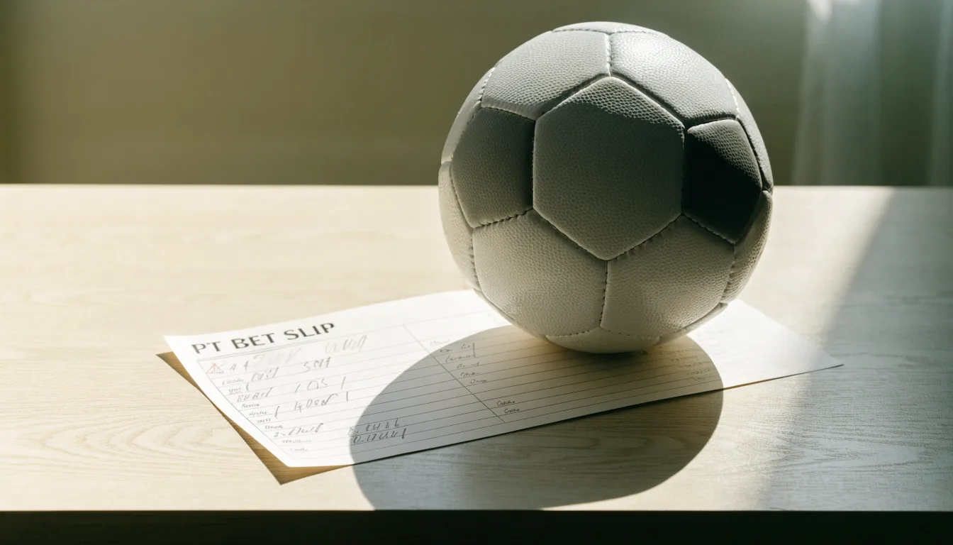 Uma bola de futebol pousada sobre um talão de apostas em branco numa mesa de madeira, à luz do dia
