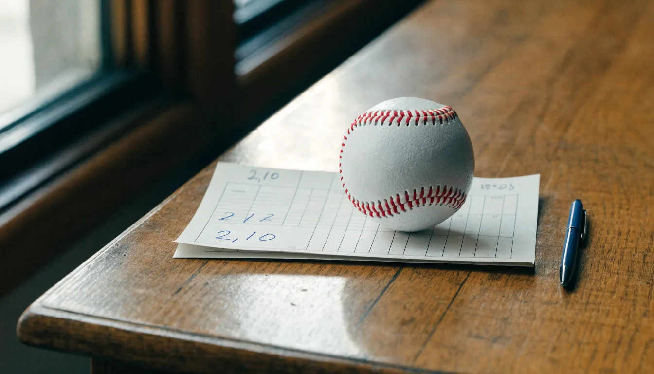 Uma bola de futebol pousada sobre um talão de apostas em branco numa mesa de madeira, à luz do dia