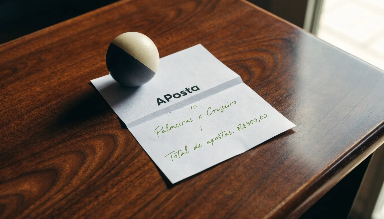 Uma bola de futebol pousada sobre um talão de apostas em branco numa mesa de madeira, à luz do dia