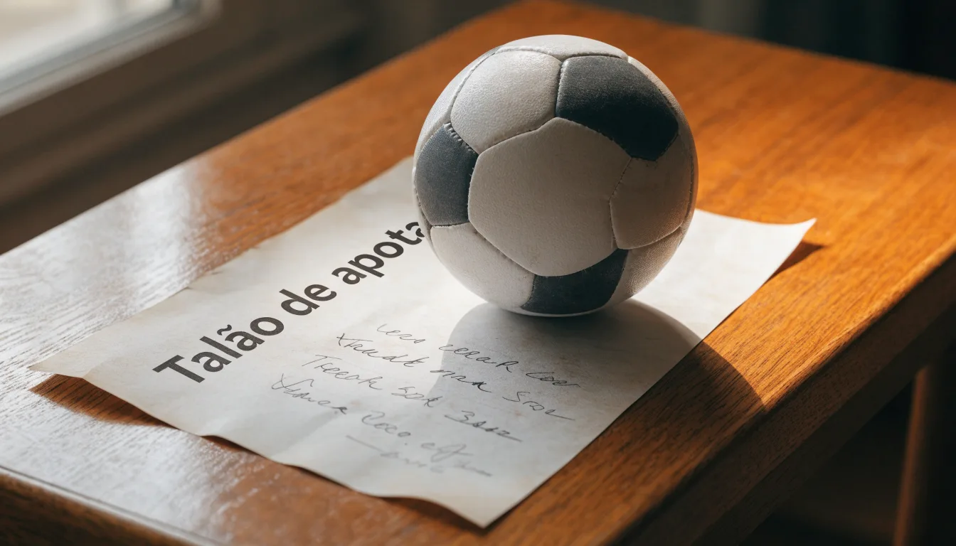 Uma bola de futebol pousada sobre um talão de apostas em branco numa mesa de madeira, à luz do dia