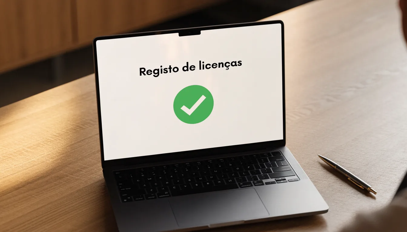 Uma folha de licença em papel com um selo vermelho, pousada numa secretária de madeira ao lado de uma caneta