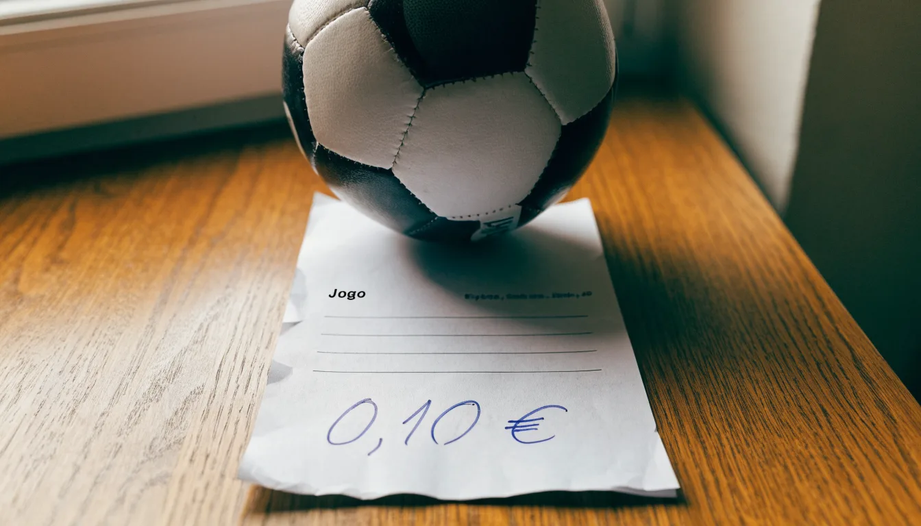 Uma bola de futebol pousada sobre um talão de apostas em branco numa mesa de madeira, à luz do dia