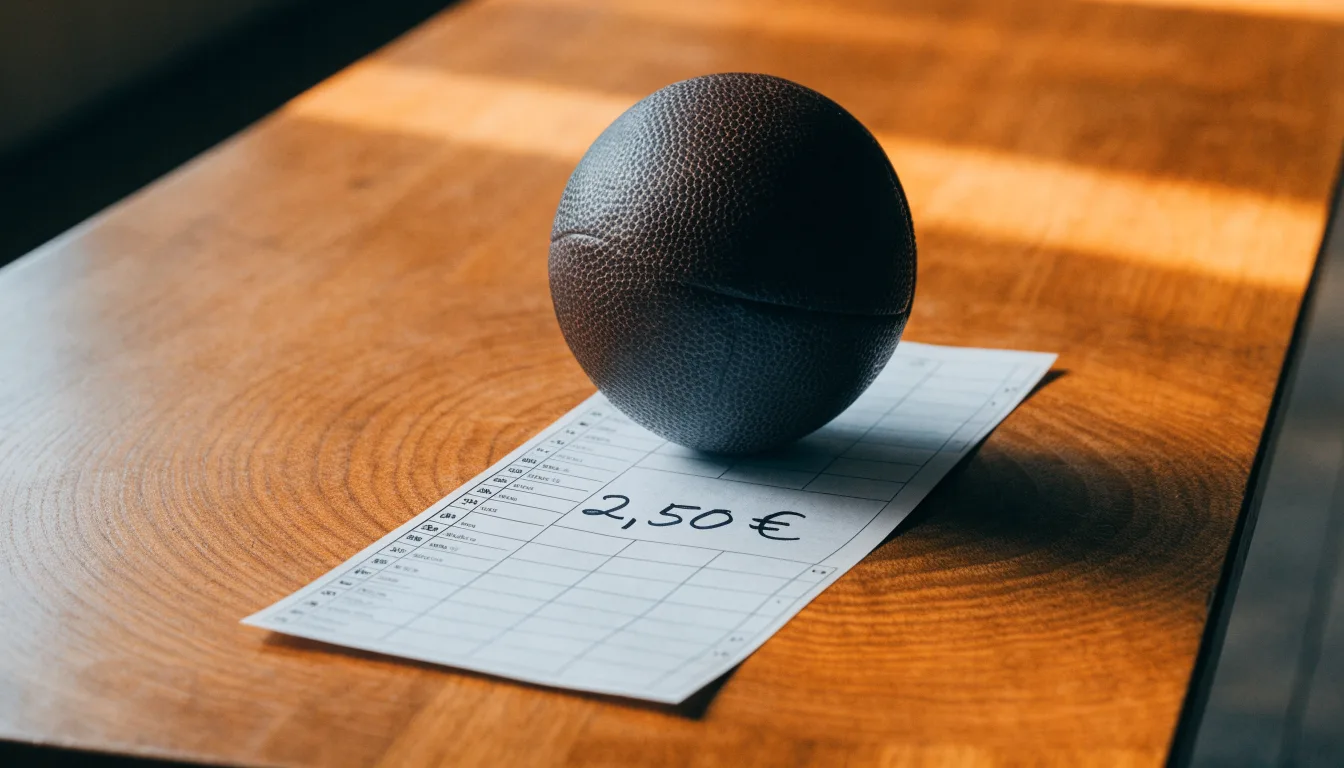 Uma bola de futebol pousada sobre um talão de apostas em branco numa mesa de madeira, à luz do dia