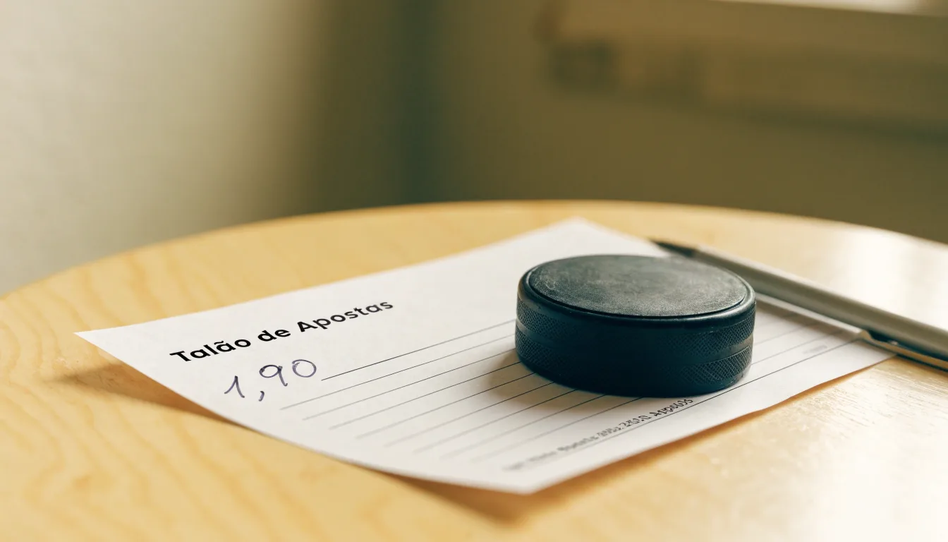 Uma bola de futebol pousada sobre um talão de apostas em branco numa mesa de madeira, à luz do dia
