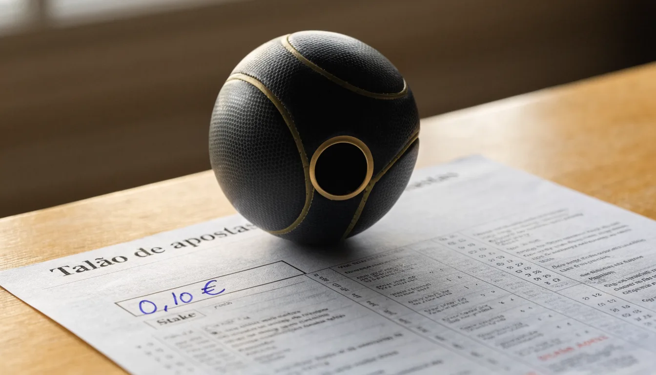Uma bola de futebol pousada sobre um talão de apostas em branco numa mesa de madeira, à luz do dia