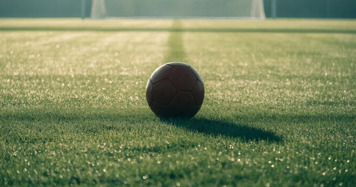 Uma bola de futebol no ponto central de um relvado, à luz da manhã