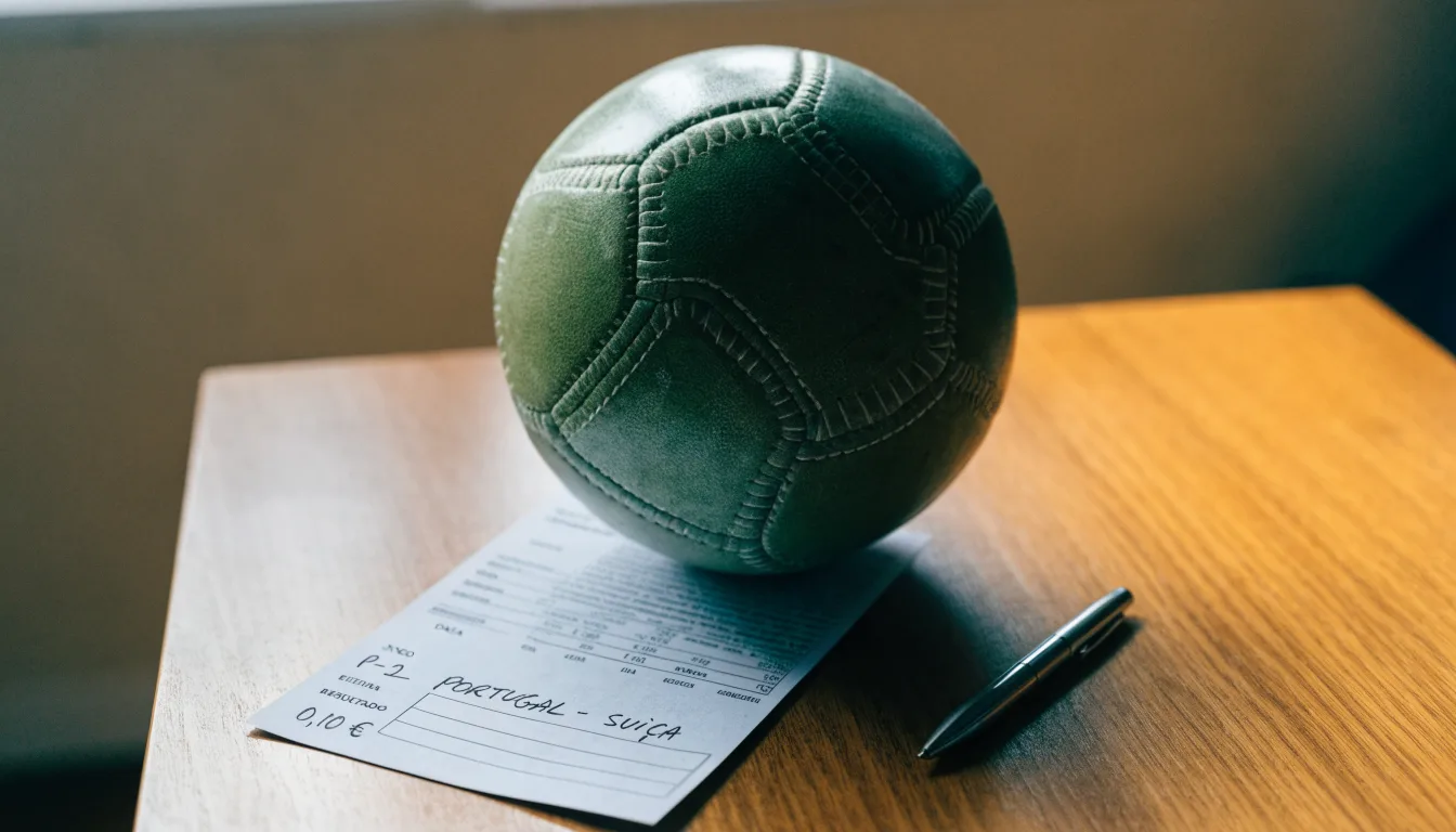 Uma bola de futebol pousada sobre um talão de apostas em branco numa mesa de madeira, à luz do dia