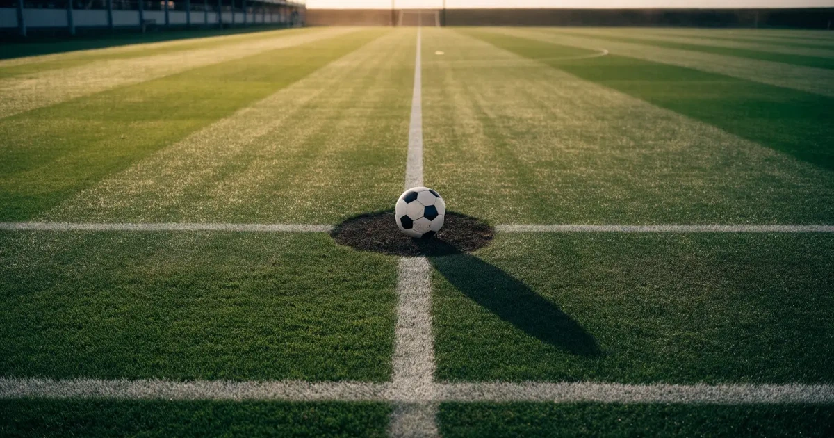Uma bola de futebol no ponto central de um relvado, à luz da manhã