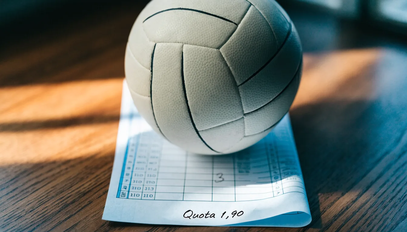 Uma bola de futebol pousada sobre um talão de apostas em branco numa mesa de madeira, à luz do dia