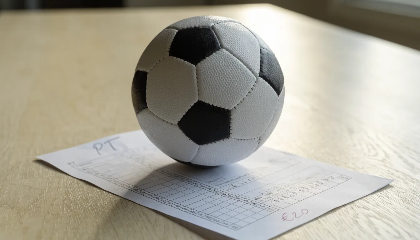 Uma bola de futebol pousada sobre um talão de apostas em branco numa mesa de madeira, à luz do dia