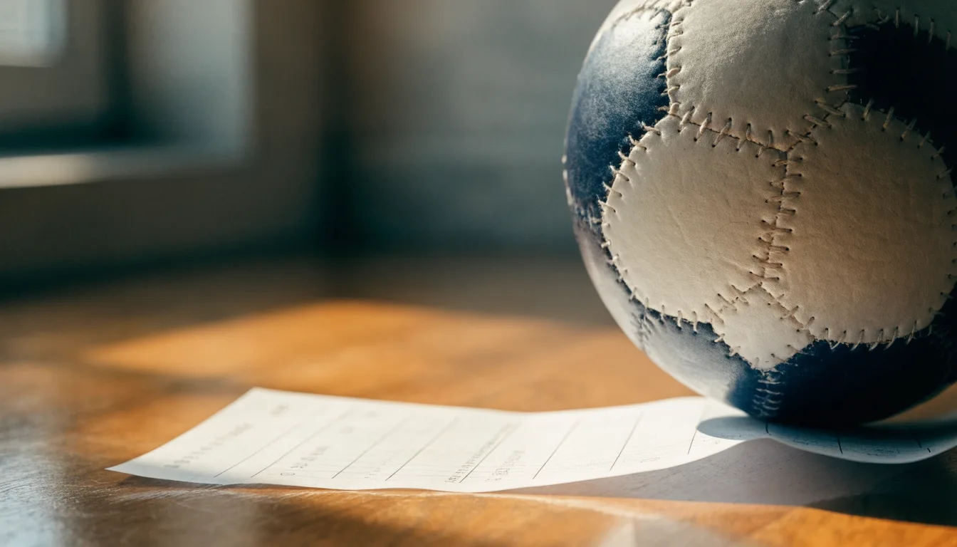 Uma bola de futebol pousada sobre um talão de apostas em branco numa mesa de madeira, à luz do dia