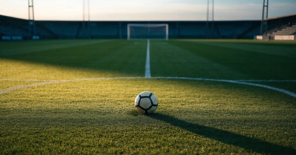 Uma bola de futebol no ponto central de um relvado, à luz da manhã