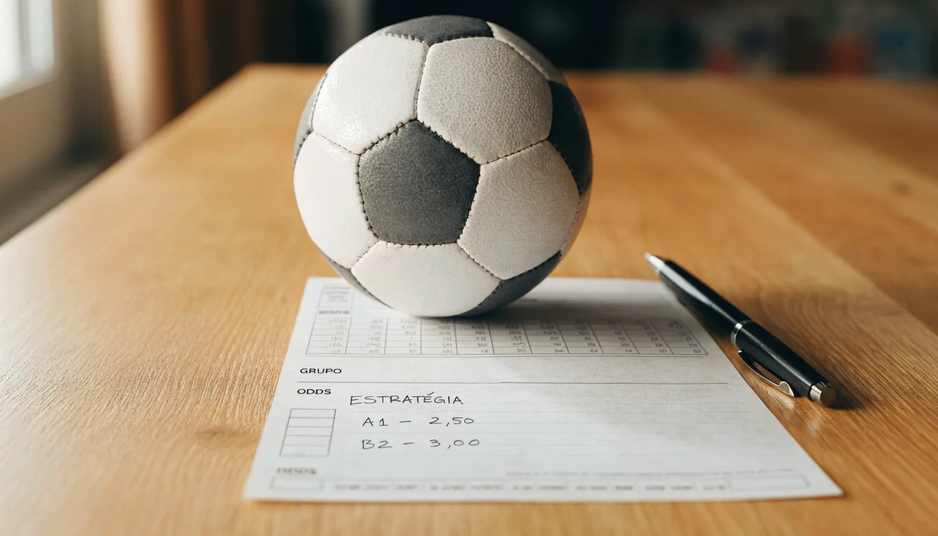 Uma bola de futebol pousada sobre um talão de apostas em branco numa mesa de madeira, à luz do dia