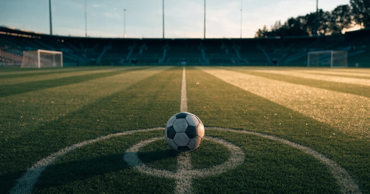 Uma bola de futebol no ponto central de um relvado, à luz da manhã