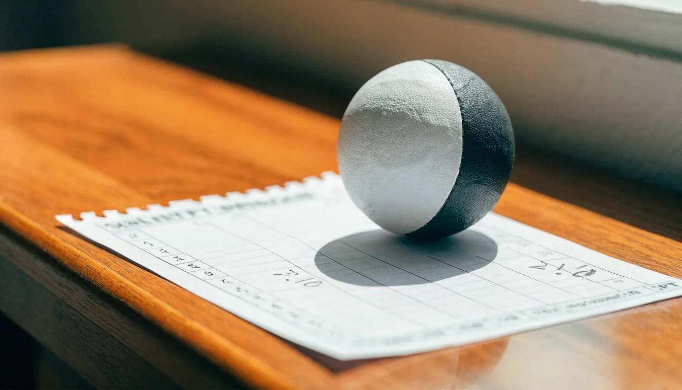Uma bola de futebol pousada sobre um talão de apostas em branco numa mesa de madeira, à luz do dia