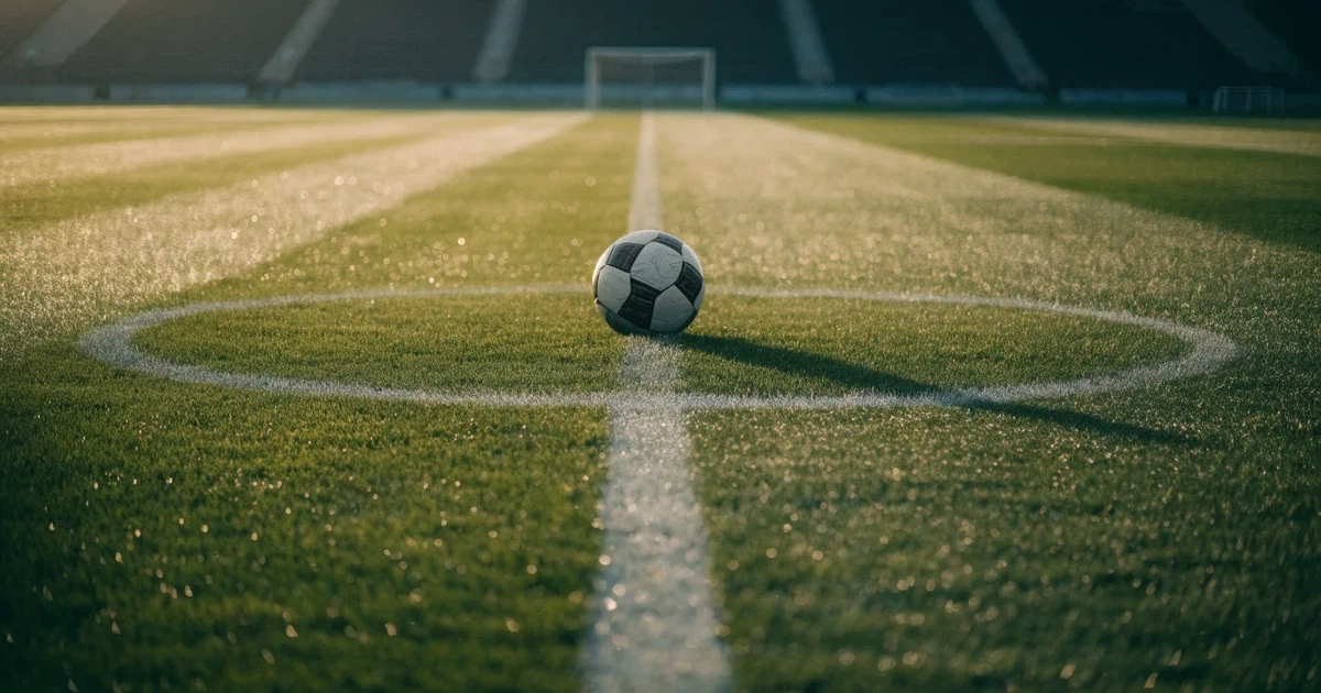 Uma bola de futebol no ponto central de um relvado, à luz da manhã