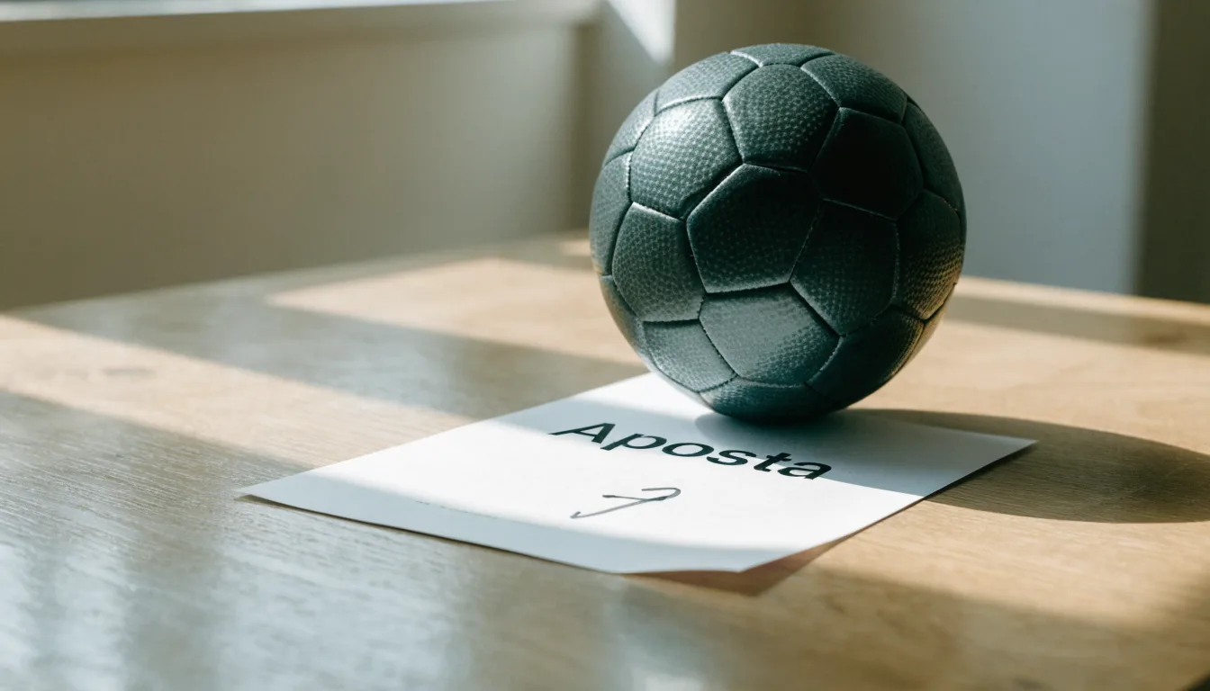 Uma bola de futebol pousada sobre um talão de apostas em branco numa mesa de madeira, à luz do dia