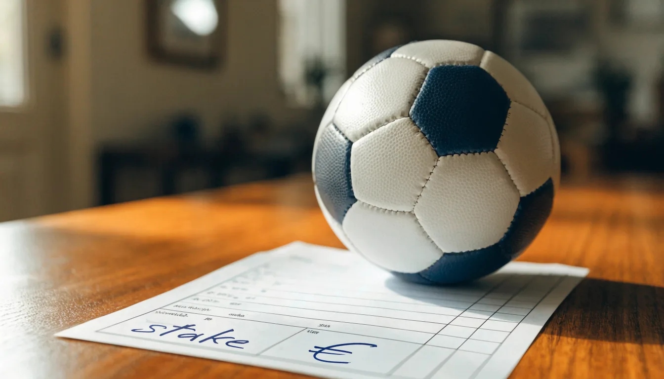 Uma bola de futebol pousada sobre um talão de apostas em branco numa mesa de madeira, à luz do dia