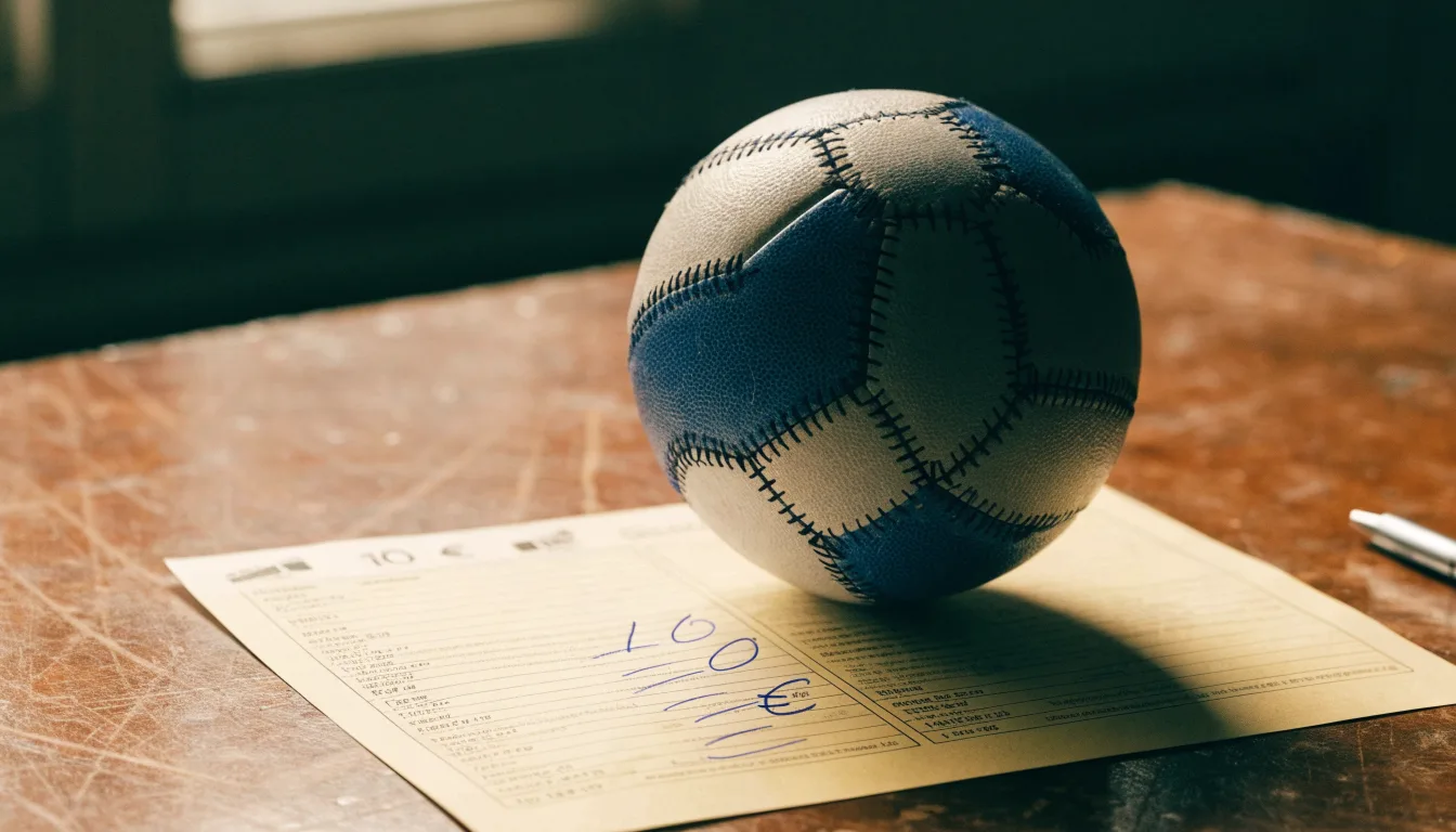 Uma bola de futebol pousada sobre um talão de apostas em branco numa mesa de madeira, à luz do dia