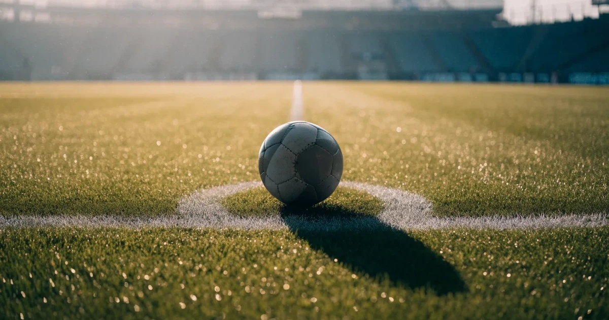 Uma bola de futebol no ponto central de um relvado, à luz da manhã