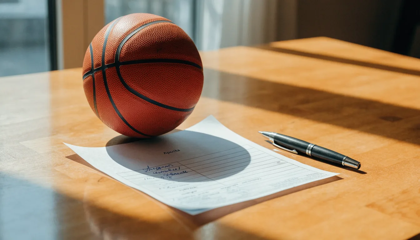 Uma bola de futebol pousada sobre um talão de apostas em branco numa mesa de madeira, à luz do dia