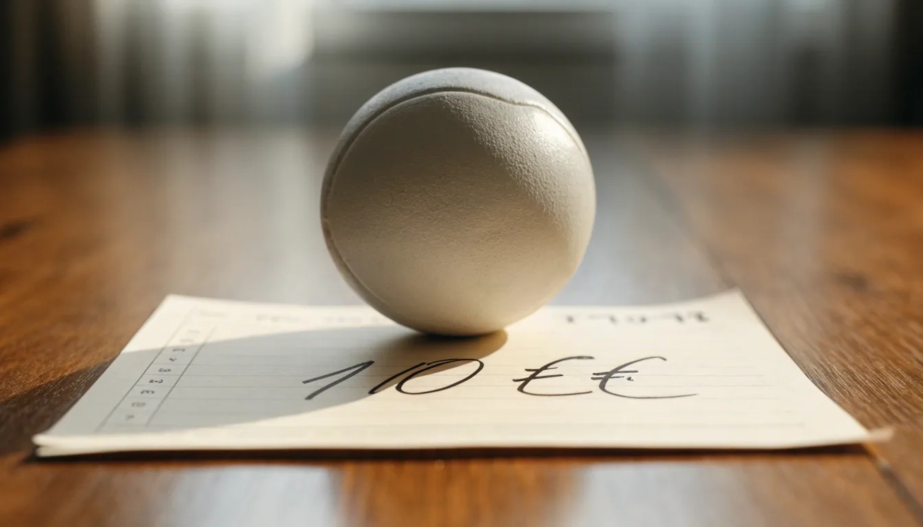 Uma bola de futebol pousada sobre um talão de apostas em branco numa mesa de madeira, à luz do dia