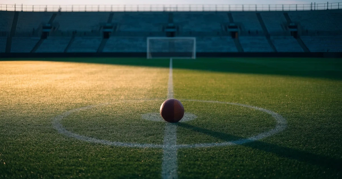 Uma bola de futebol no ponto central de um relvado, à luz da manhã