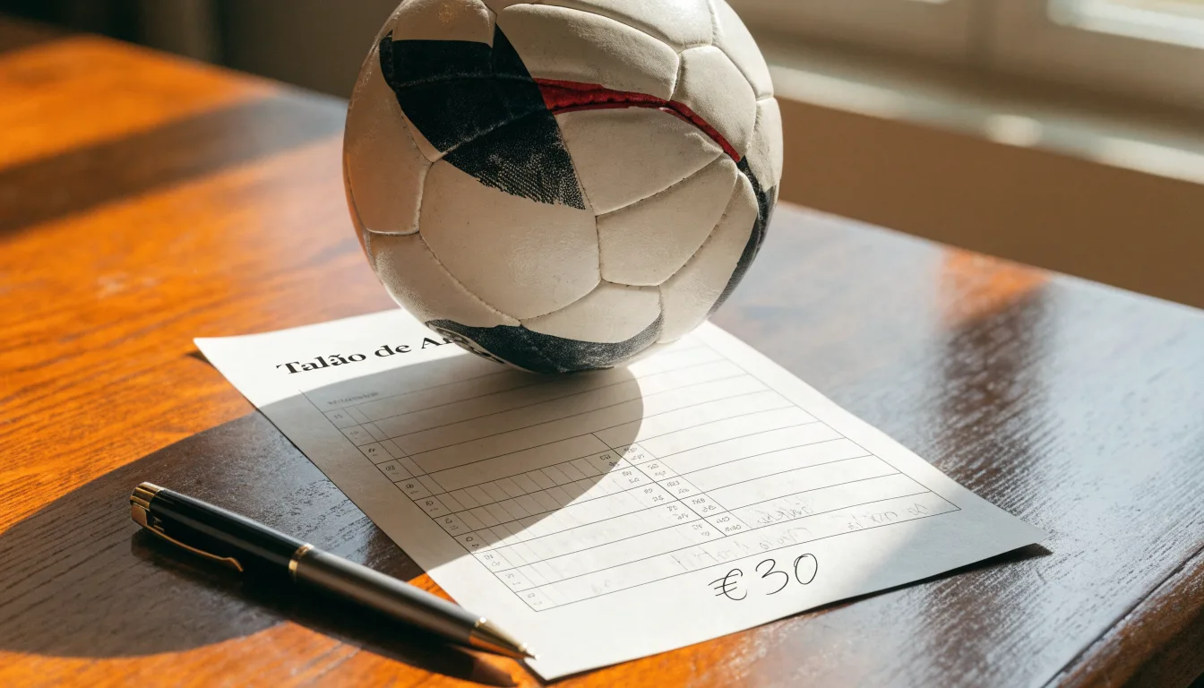 Uma bola de futebol pousada sobre um talão de apostas em branco numa mesa de madeira, à luz do dia