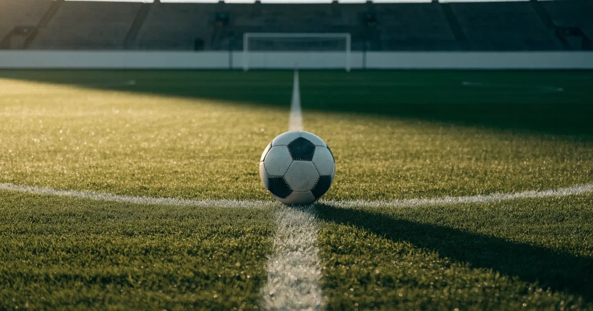 Uma bola de futebol no ponto central de um relvado, à luz da manhã