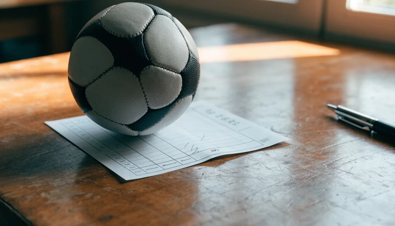 Uma bola de futebol pousada sobre um talão de apostas em branco numa mesa de madeira, à luz do dia
