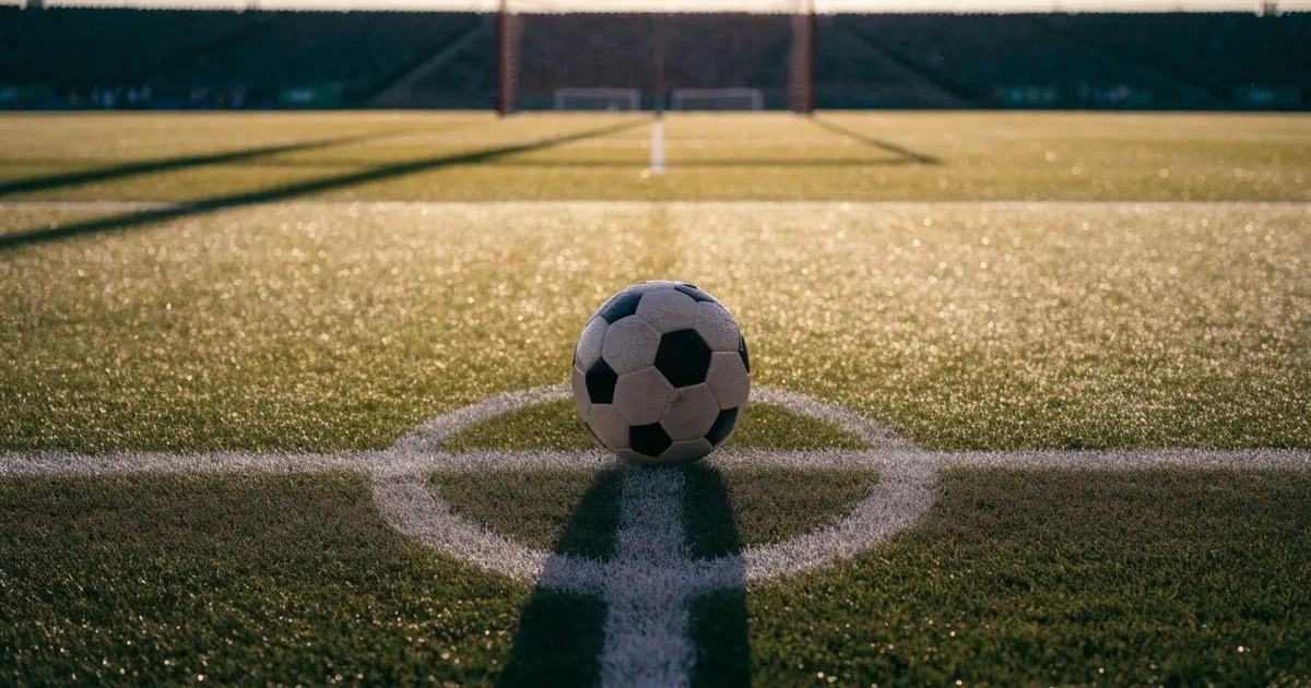 Uma bola de futebol no ponto central de um relvado, à luz da manhã