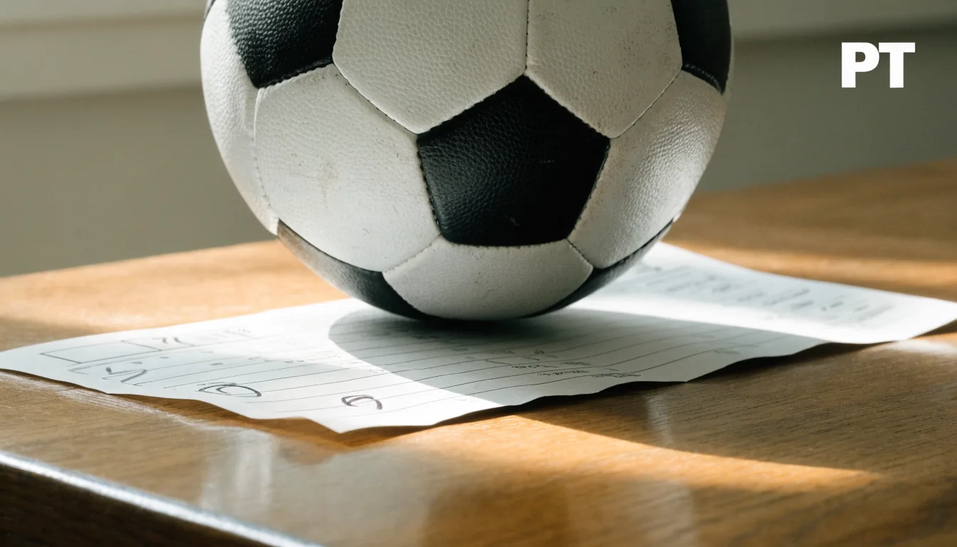 Uma bola de futebol pousada sobre um talão de apostas em branco numa mesa de madeira, à luz do dia