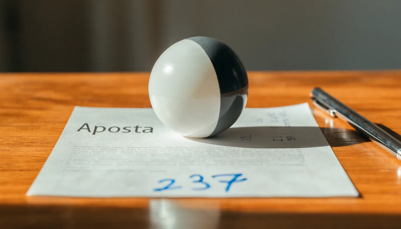 Uma bola de futebol pousada sobre um talão de apostas em branco numa mesa de madeira, à luz do dia