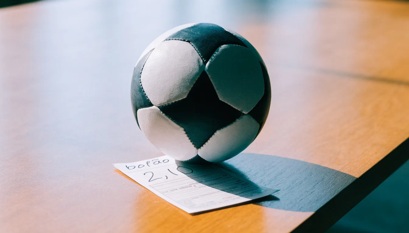 Uma bola de futebol pousada sobre um talão de apostas em branco numa mesa de madeira, à luz do dia