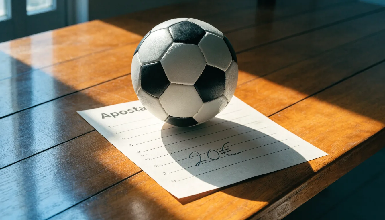 Uma bola de futebol pousada sobre um talão de apostas em branco numa mesa de madeira, à luz do dia