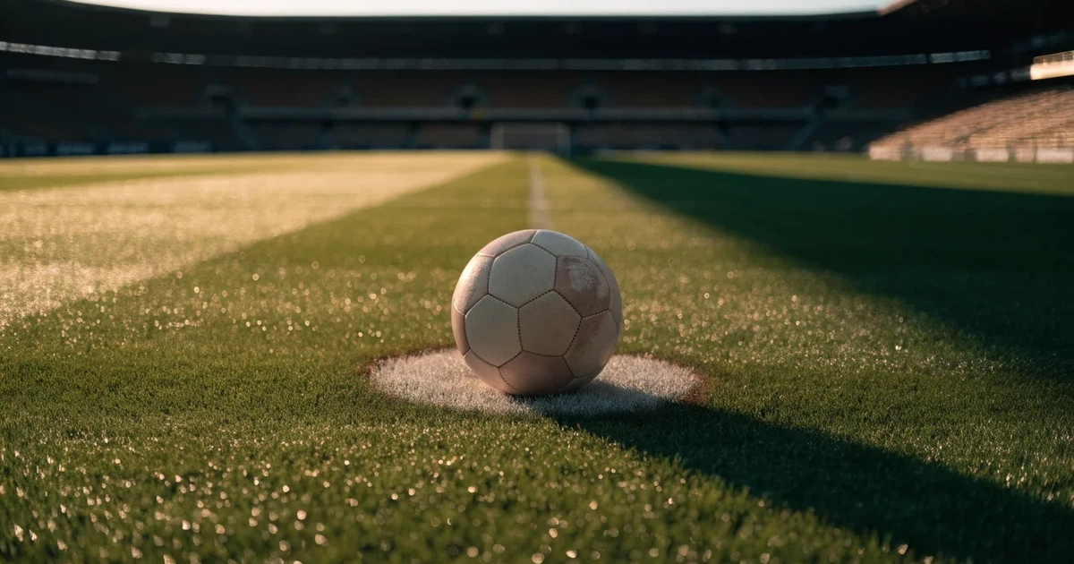 Uma bola de futebol no ponto central de um relvado, à luz da manhã