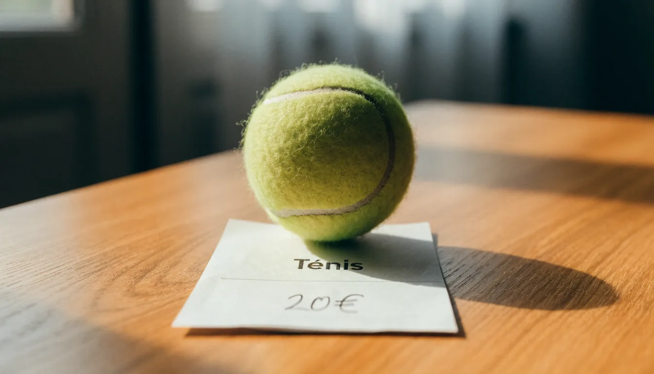 Uma bola de futebol pousada sobre um talão de apostas em branco numa mesa de madeira, à luz do dia