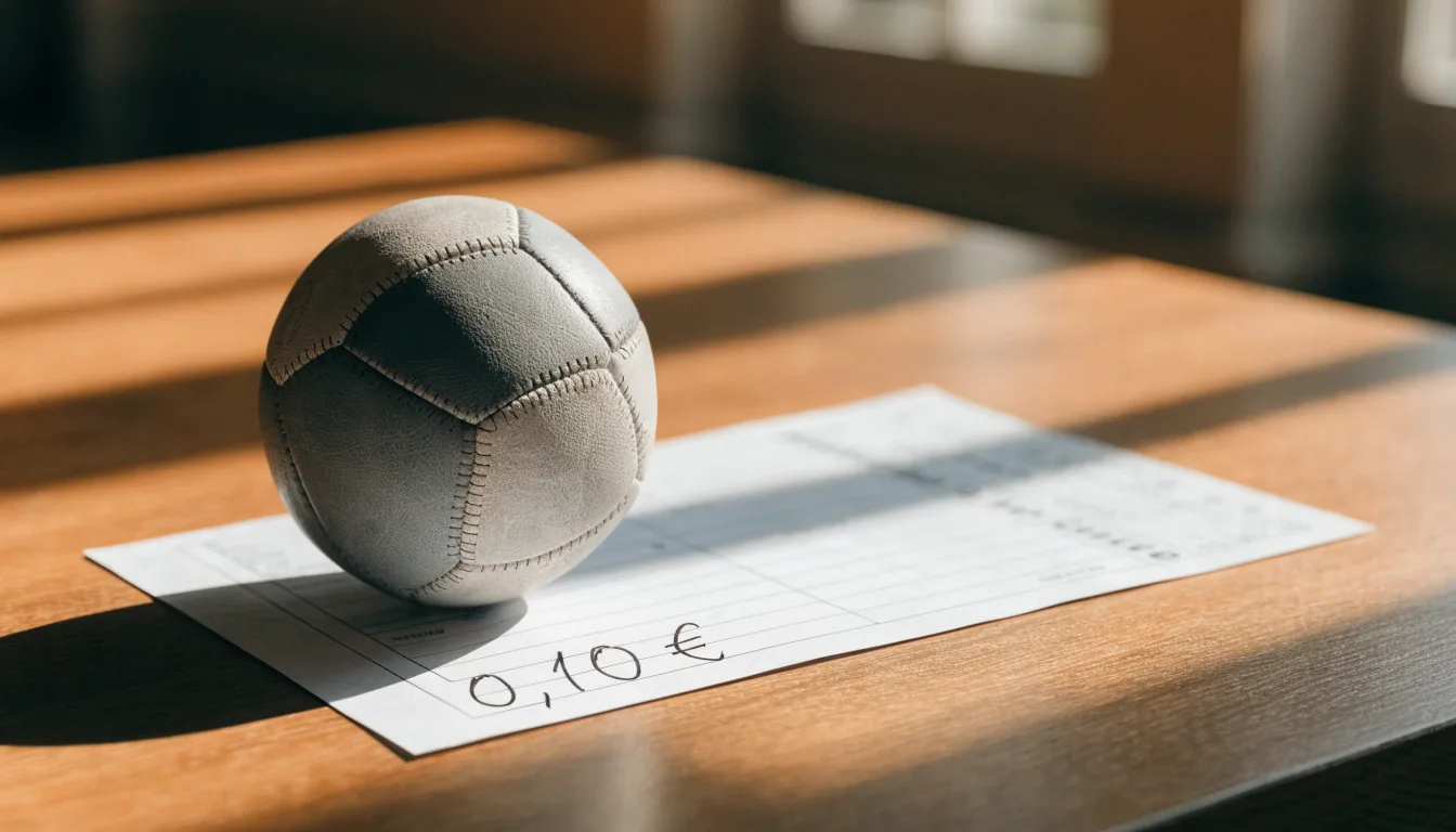 Uma bola de futebol pousada sobre um talão de apostas em branco numa mesa de madeira, à luz do dia