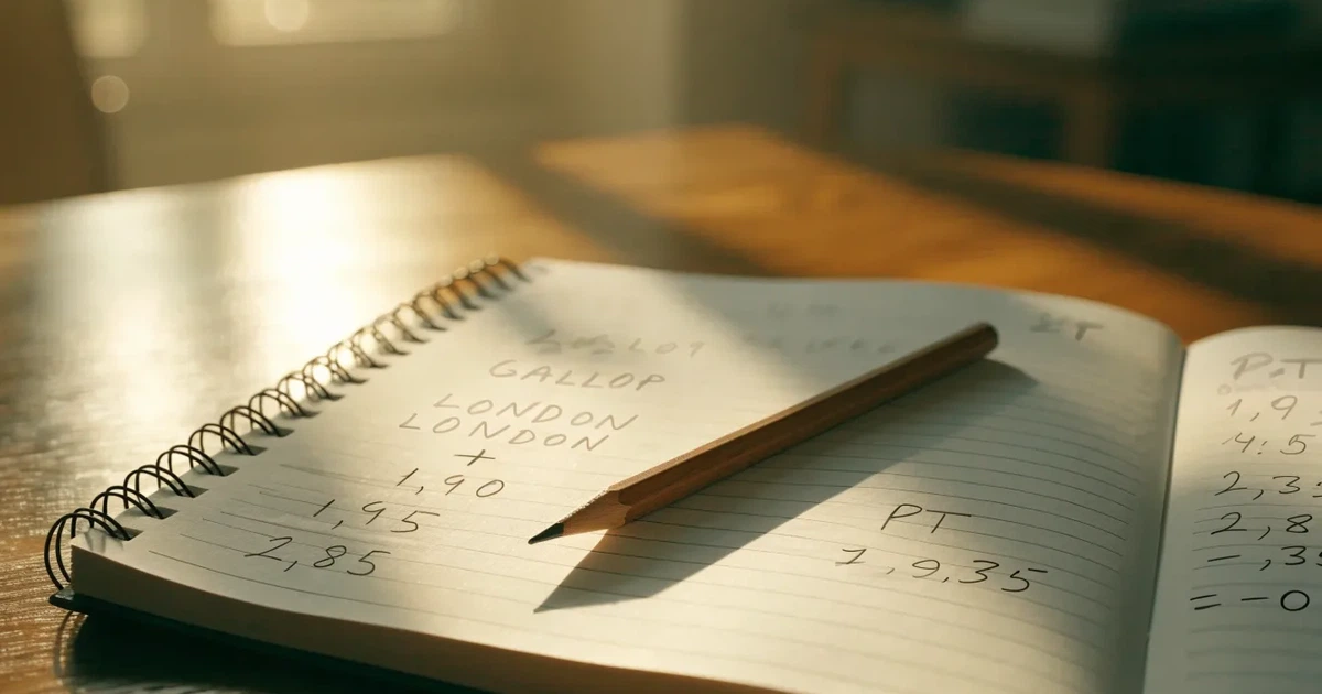 Um caderno aberto com cotas escritas à mão, uma calculadora e um lápis sobre uma mesa de madeira