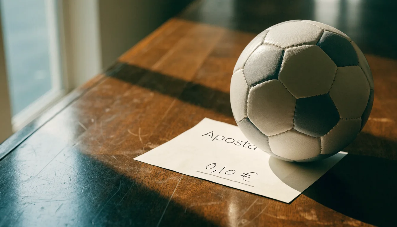 Uma bola de futebol pousada sobre um talão de apostas em branco numa mesa de madeira, à luz do dia