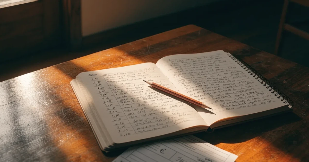 Um caderno aberto com cotas escritas à mão, uma calculadora e um lápis sobre uma mesa de madeira