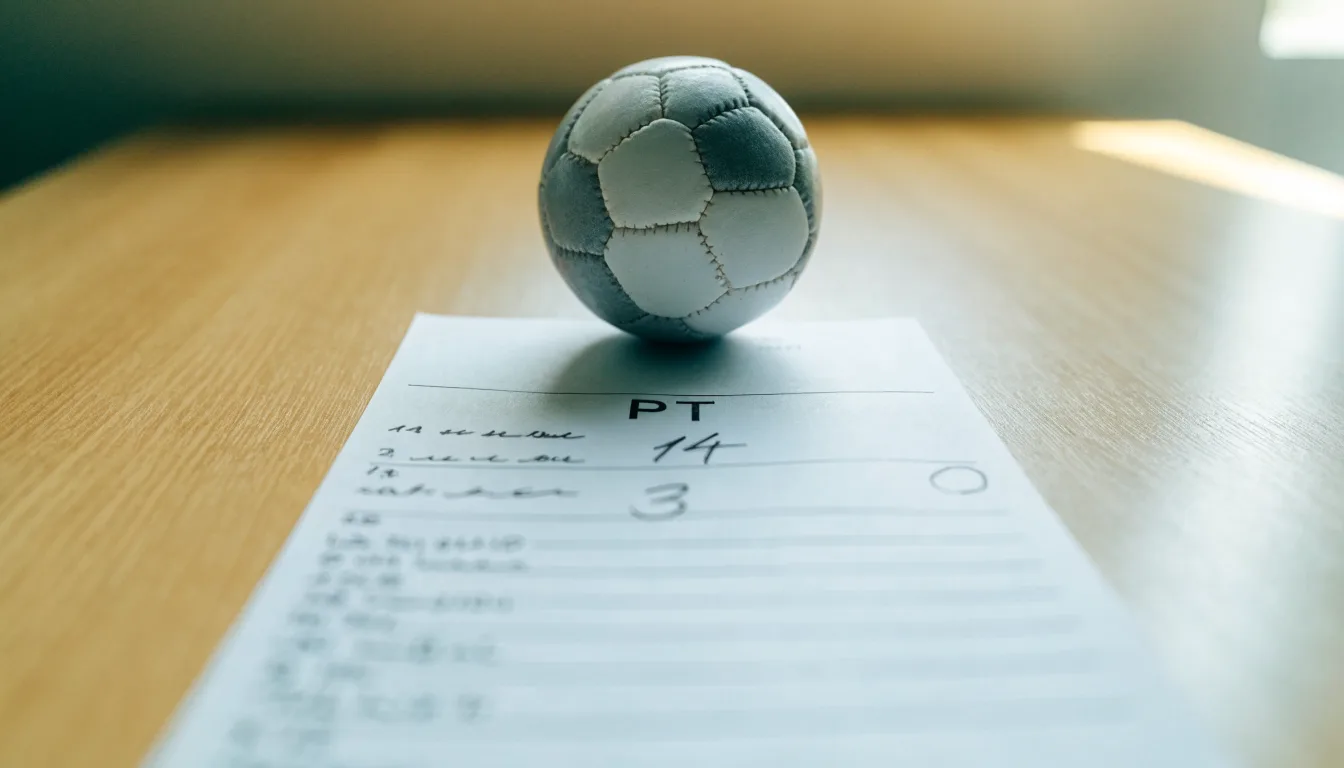 Uma bola de futebol pousada sobre um talão de apostas em branco numa mesa de madeira, à luz do dia