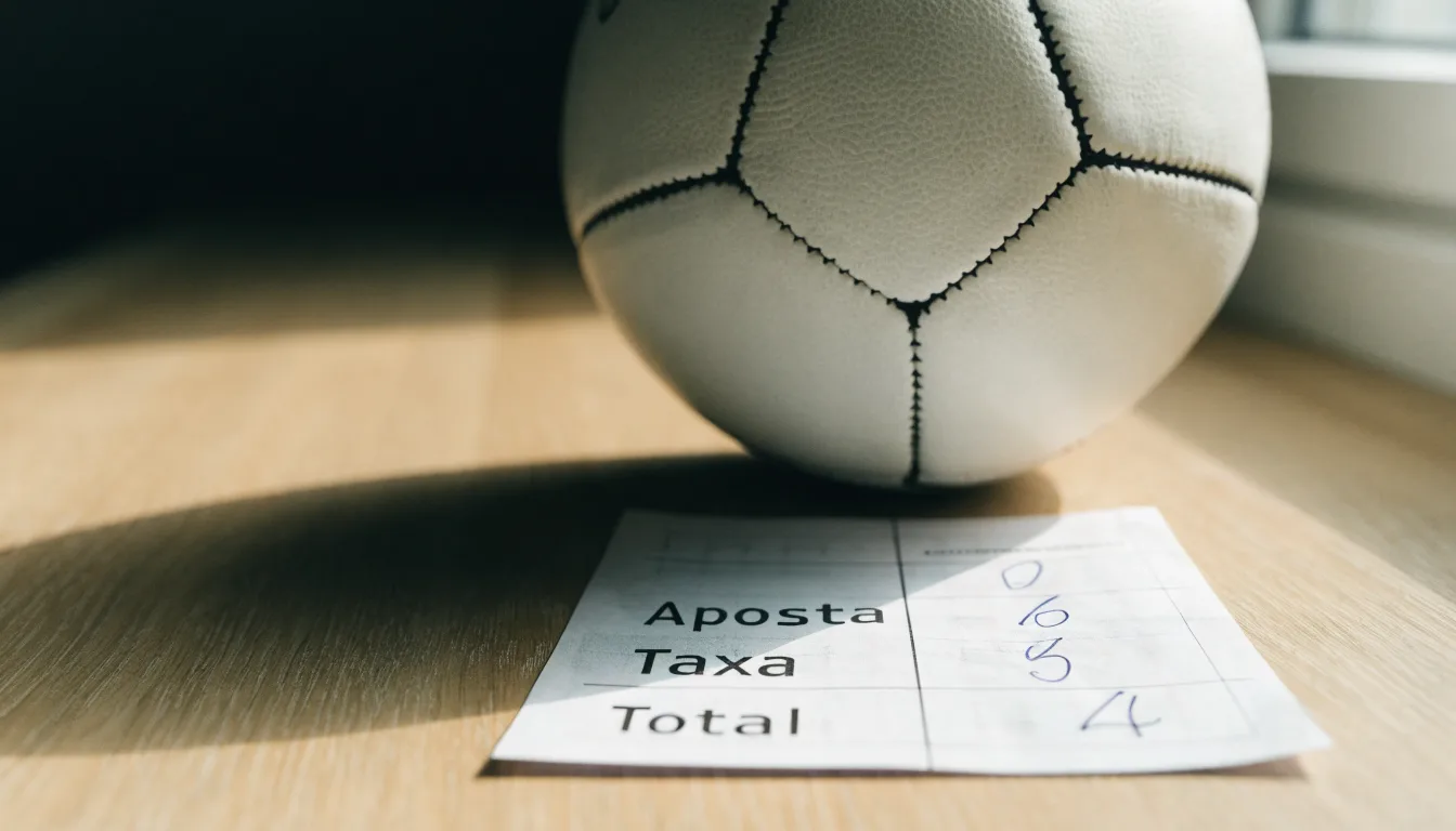 Uma bola de futebol pousada sobre um talão de apostas em branco numa mesa de madeira, à luz do dia