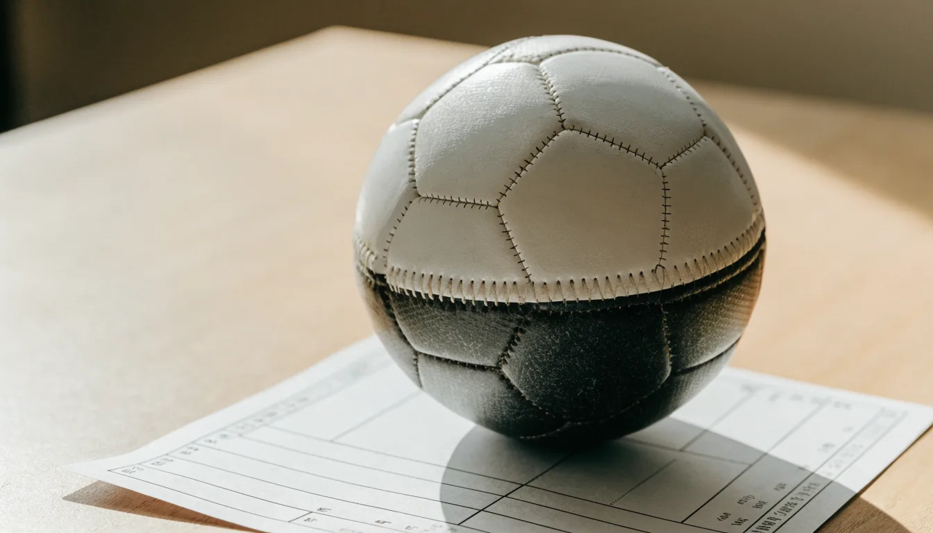 Uma bola de futebol pousada sobre um talão de apostas em branco numa mesa de madeira, à luz do dia
